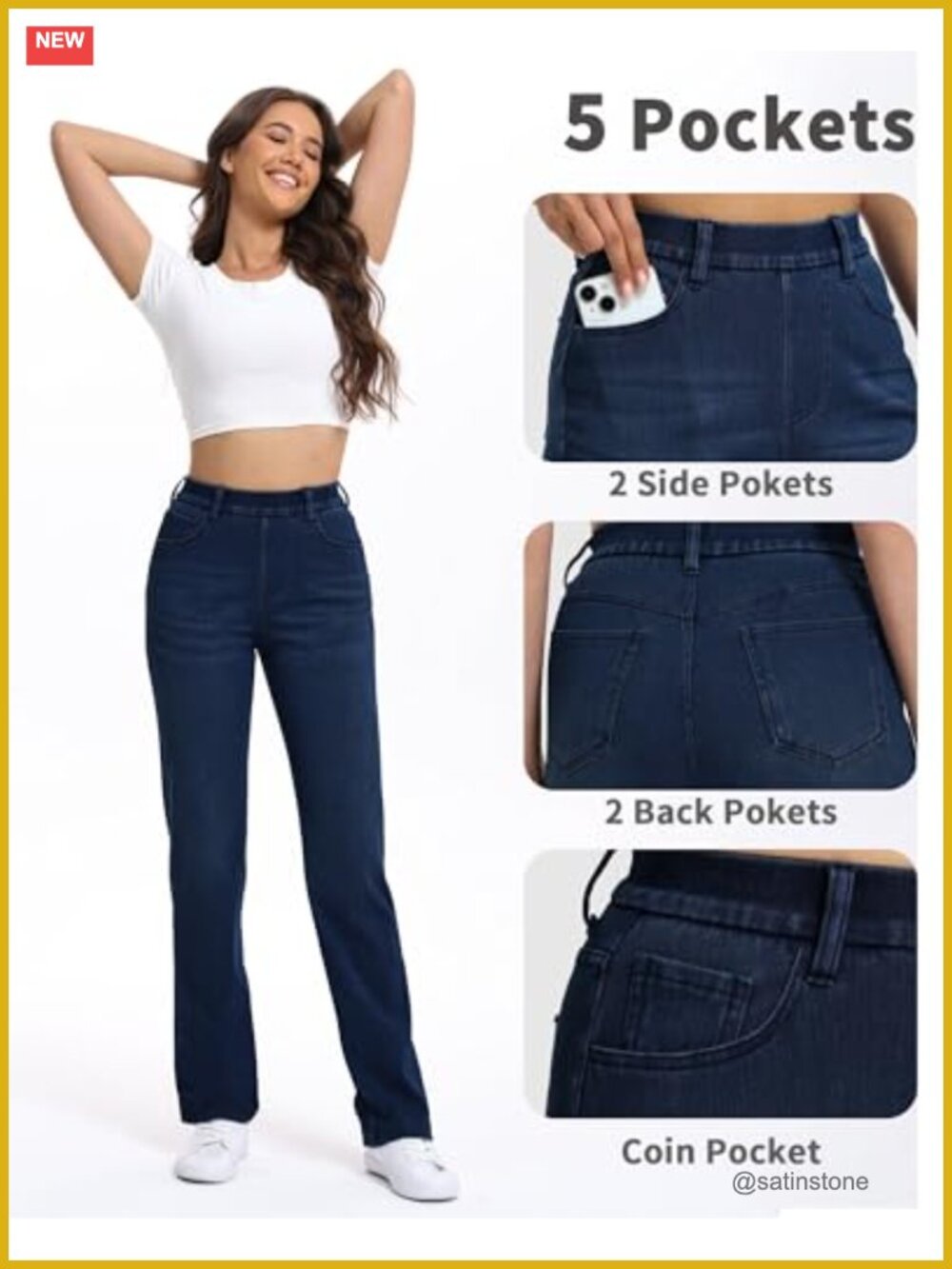 Women's Straight Leg Stretch Pull On High Waisted Comfort Jeans - Picture 2 of 5